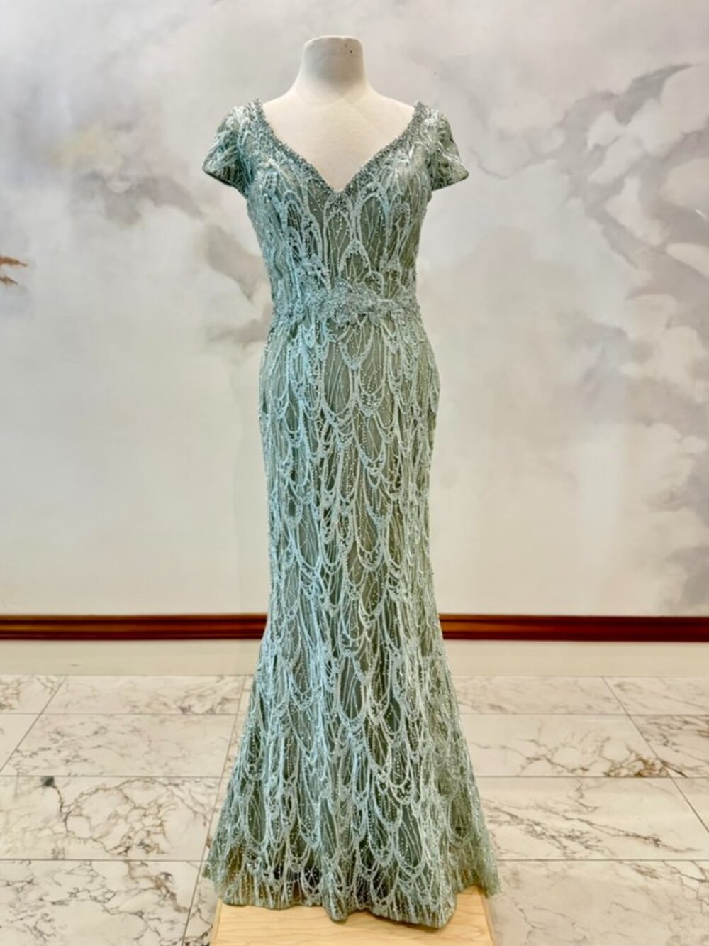Rina di Montella RD2716 V-Neck Fitted Beaded Gown Seaglass Size 8